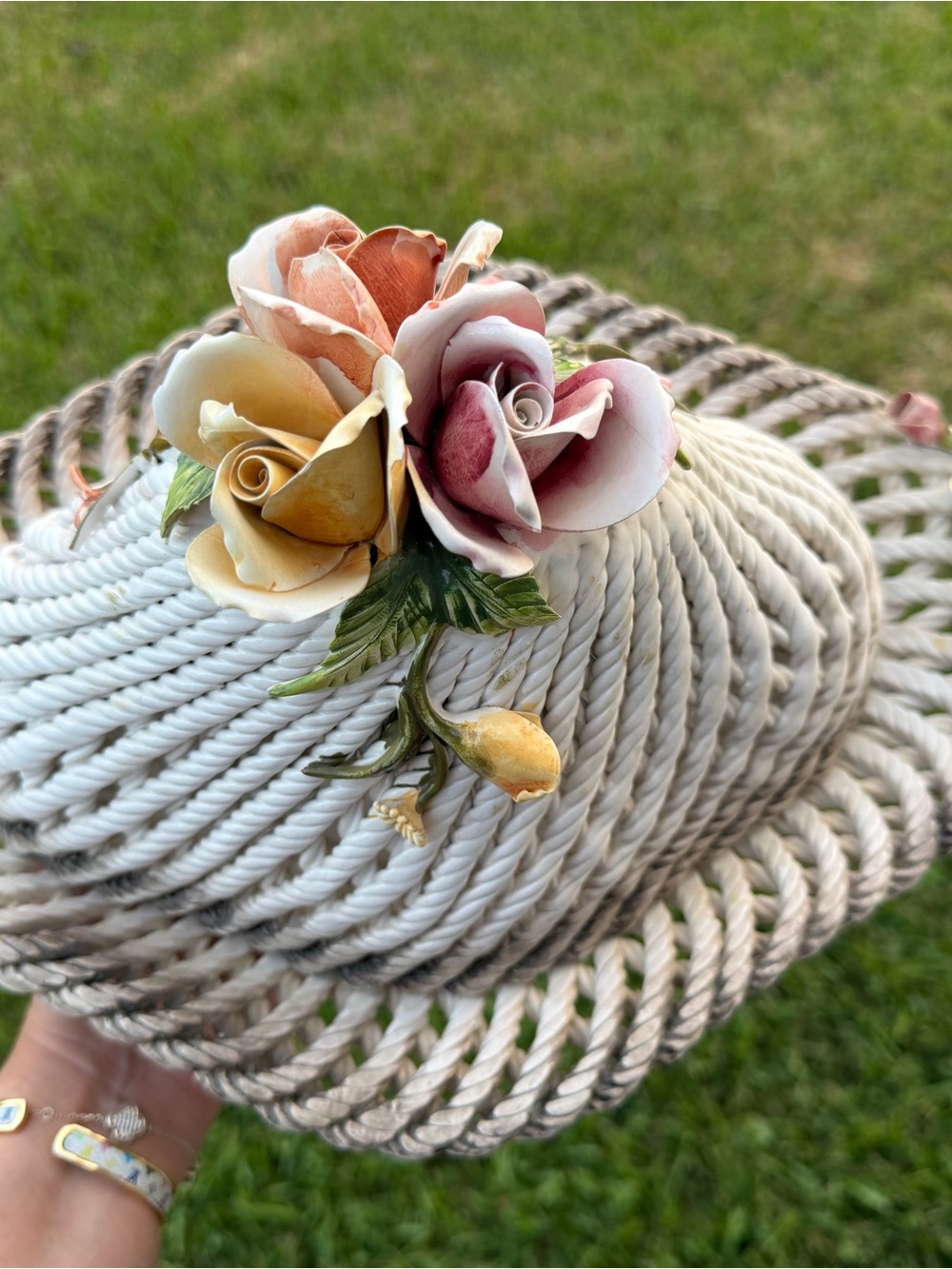 Vintage Bassano Italian Ceramic Woven Basket Rose Covered Centerpiece
